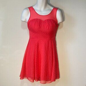 Express SZ 8 Coral Red Skater style swiss dot & sheer mixed media dress